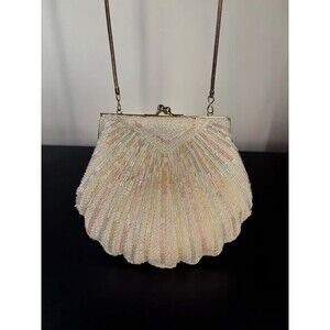 Carla Marchi Beaded Evening Bag White Iridescent Shell Shape Clutch Chain Purse